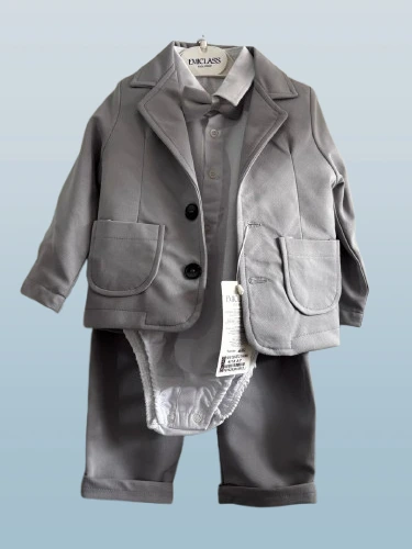 Svečani Set "Little Gentleman" – Sivi Komplet sa Sako-om i Leptir Mašnom