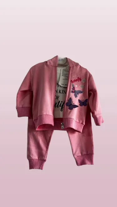 Trodijelni Pamučni Set "Butterfly Pink" – Trenerka, Dukserica i Majica